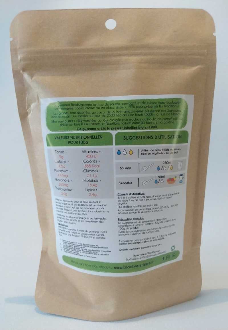 200g de poudre de Guarana bio de souche sauvage liane A.E.A. certifié biologique par Ecocert