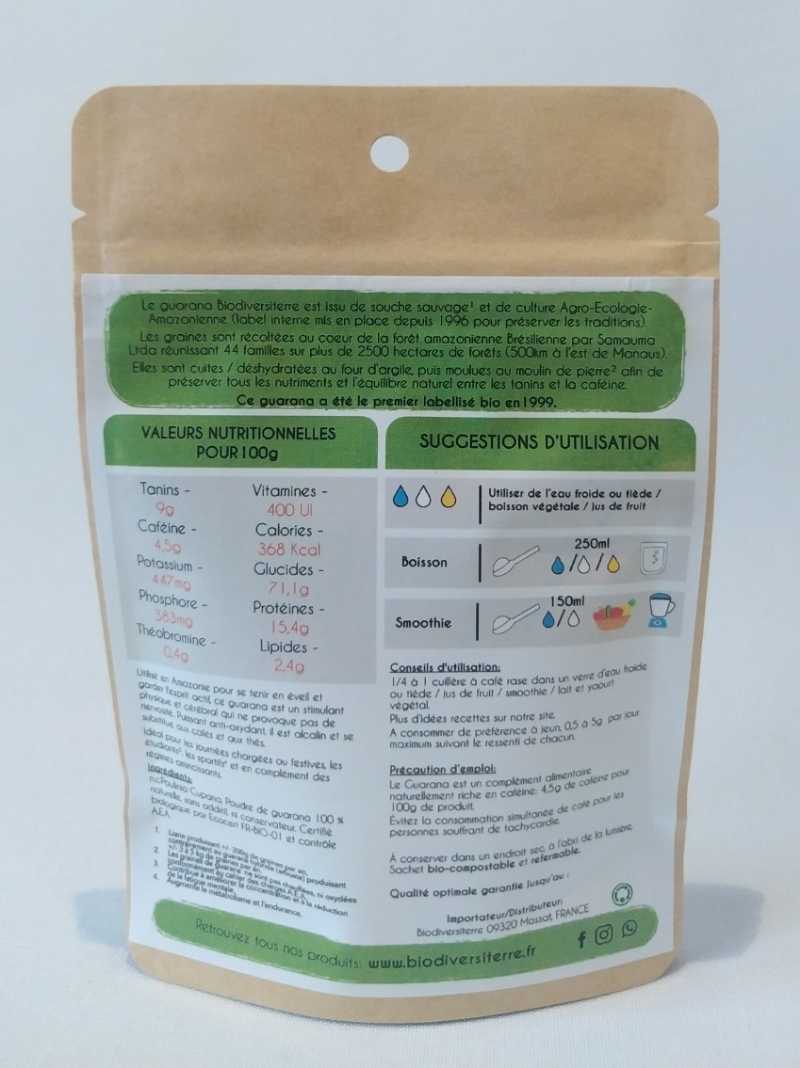 50g de poudre de Guarana bio de souche sauvage, A.E.A. certifié biologique par Ecocert